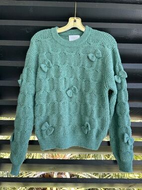 Zara Seafoam Green Cable Knit Sweater with Bow Accents